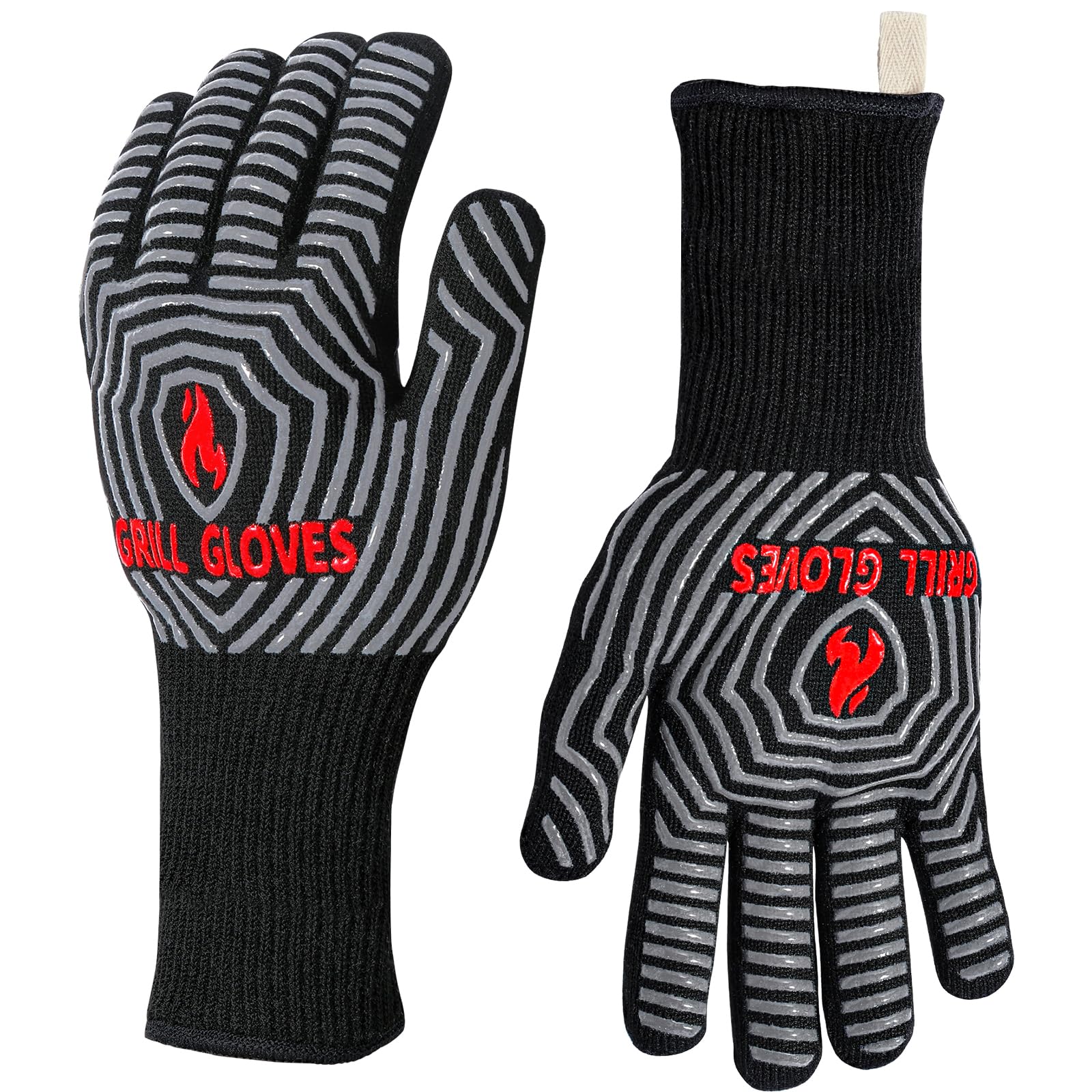 QUWIN BBQ Gloves, Oven Gloves 1472℉ Extreme Heat Resistant, Grilling Gloves Silicone Non-Slip Oven Mitts, Kitchen Gloves for BBQ, Grilling, Cooking, Baking-1 Pair… (Black, One Size(Long Cuff))