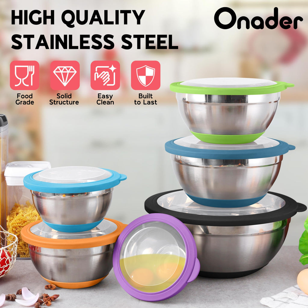 Onader Colorful Mixing Bowl Set of 6 for Kitchen, Large Stainless Steel Metal Nesting Mixing Bowls with Airtight Lids, Non Slip - Size 0.7, 1, 1.5, 2, 2.6, 4.6QT