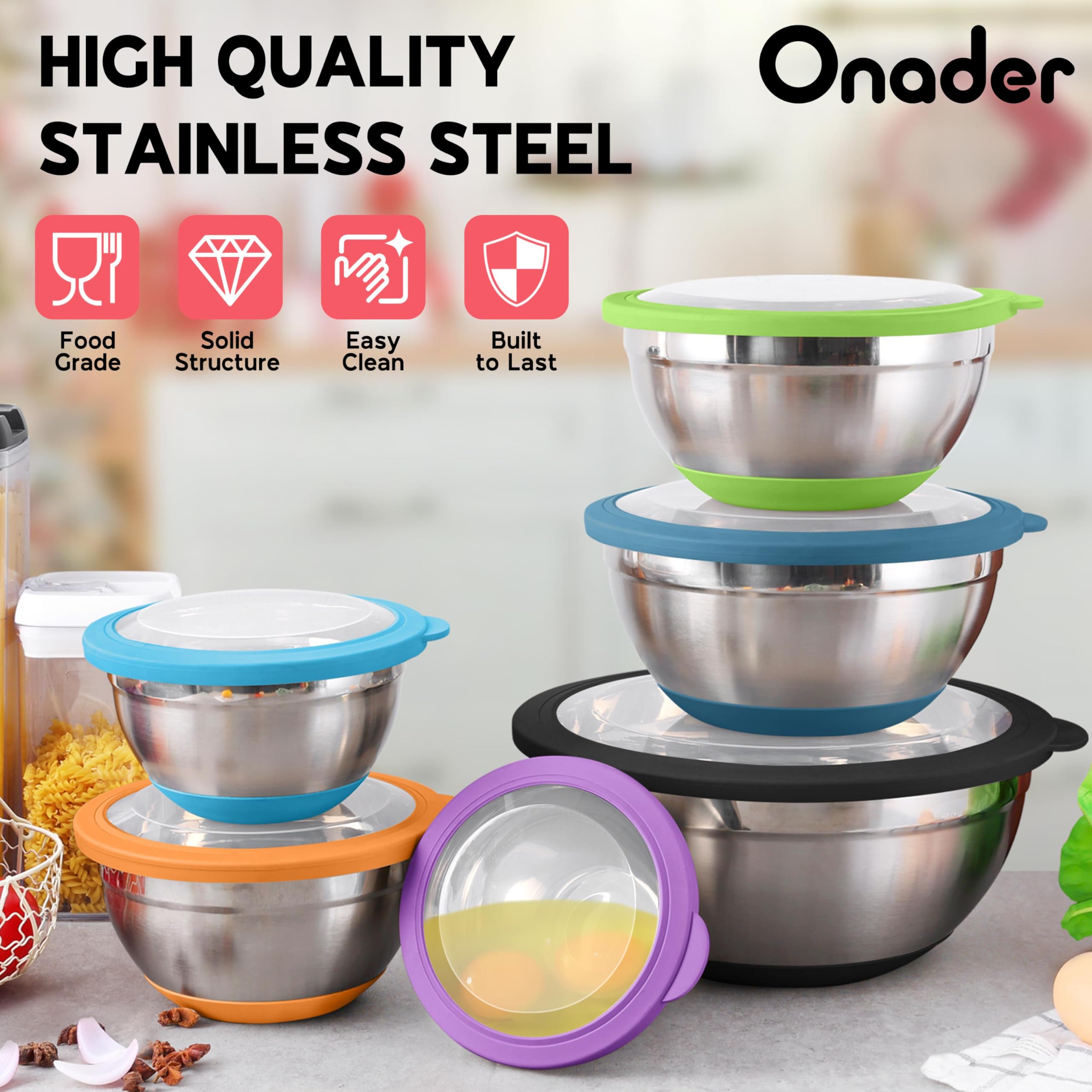 Onader Colorful Mixing Bowl Set of 6 for Kitchen, Large Stainless Steel Metal Nesting Mixing Bowls with Airtight Lids, Non Slip - Size 0.7, 1, 1.5, 2, 2.6, 4.6QT