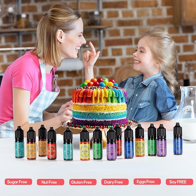 Cherrysea Food Coloring for Cake Decorating Rainbow Edible Food Dye for Baking Royal Icing Cookie Supplies Gluten Free 7x12ml Food Grade Liquid Food Color Kit, 0.4 Fl. Oz/Bottles