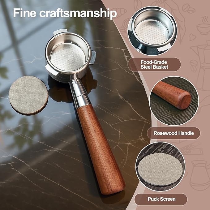 54 mm Bottomless Portafilter Compatible with Breville Barista Express Machines 3 Ears Espresso Portafilter with Puck Screen,Stainless Steel Porta filter, Rosewood Handle
