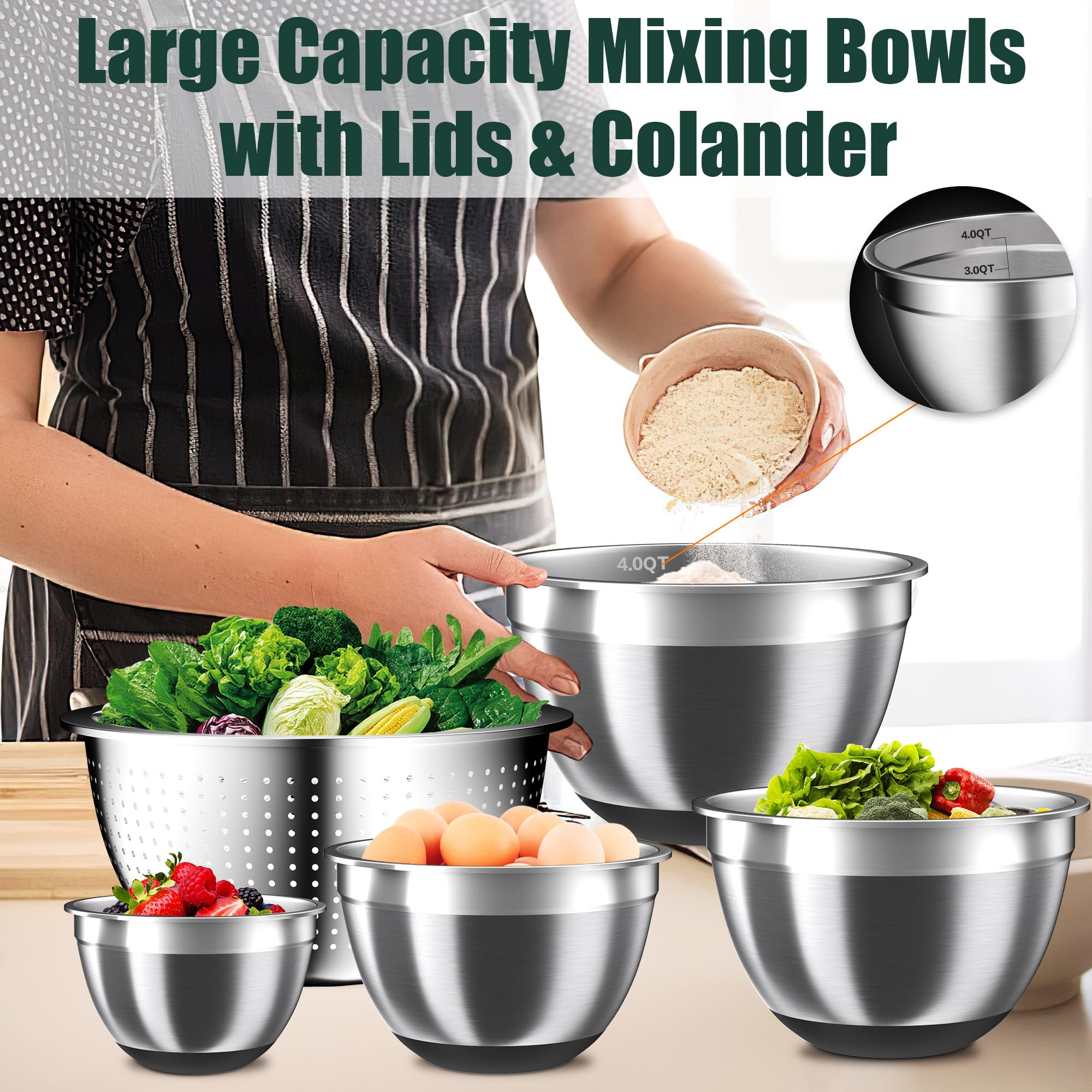 Mixing Bowls with Airtight Lids Set, 4 Stainless Steel Bowls Nesting Bowls & Colander, Kitchen Organizers and Storage Non-Slip Bottom, Size 1.5/2.0/2.5/4.5QT, Great for Mixing & Serving, Black