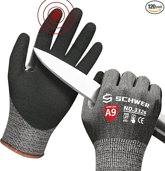 Schwer ProGuard Highest Level Cut Resistant Work Gloves PR3326 for Extreme Protection，ANSI A9 Cut Gloves with Reinforced Thumb, Non Slip, Non PFAS, Durable, Touch-screen, Black 120 Pairs, L