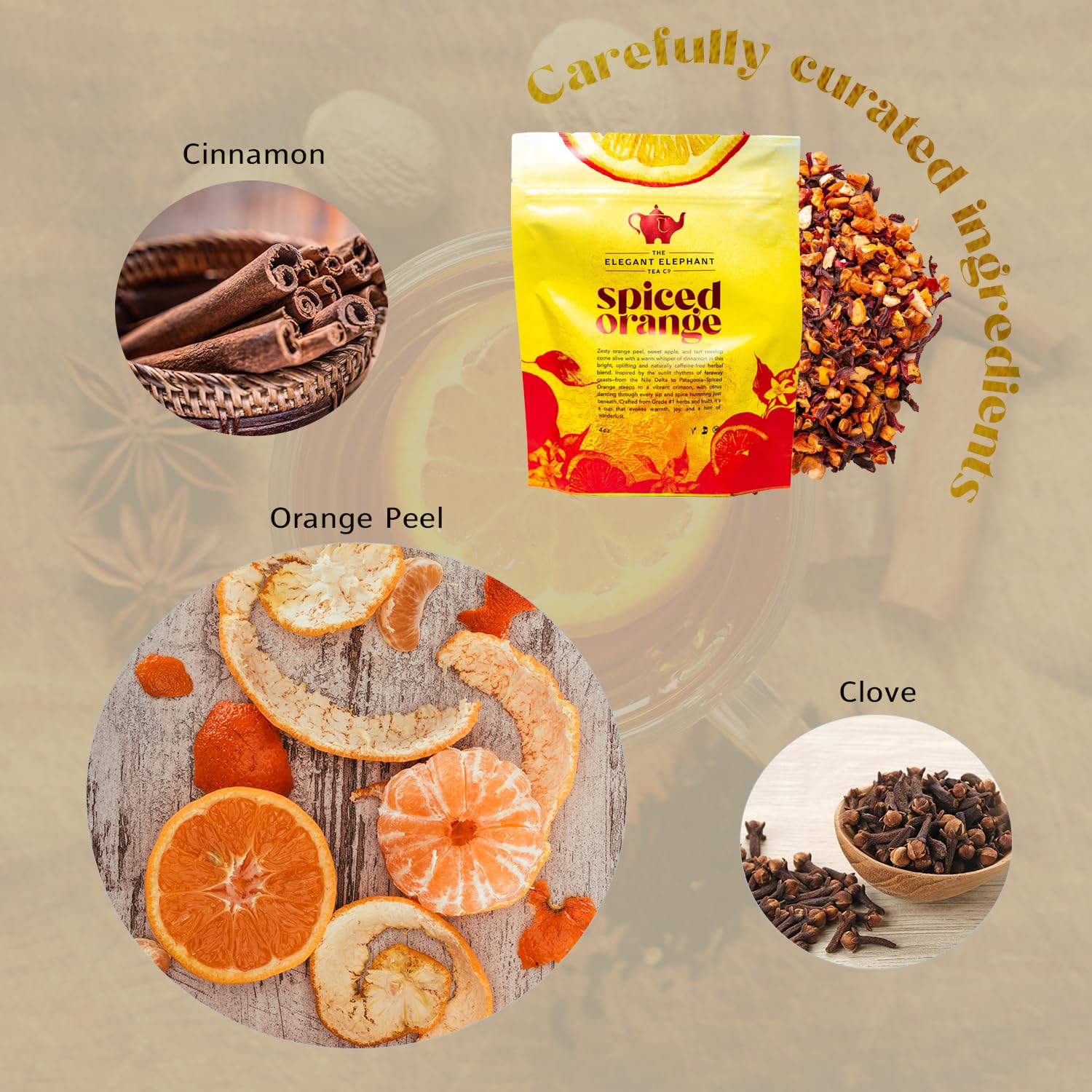 Spiced Orange Tea, Loose Leaf Herbal Tea – Sweet, Spicy, Caffeine-Free – Orange, Apple & Cinnamon Spice – Drink Hot or Iced – 4 oz Resealable Bag (Makes 50 Cups) – The Elegant Elephant