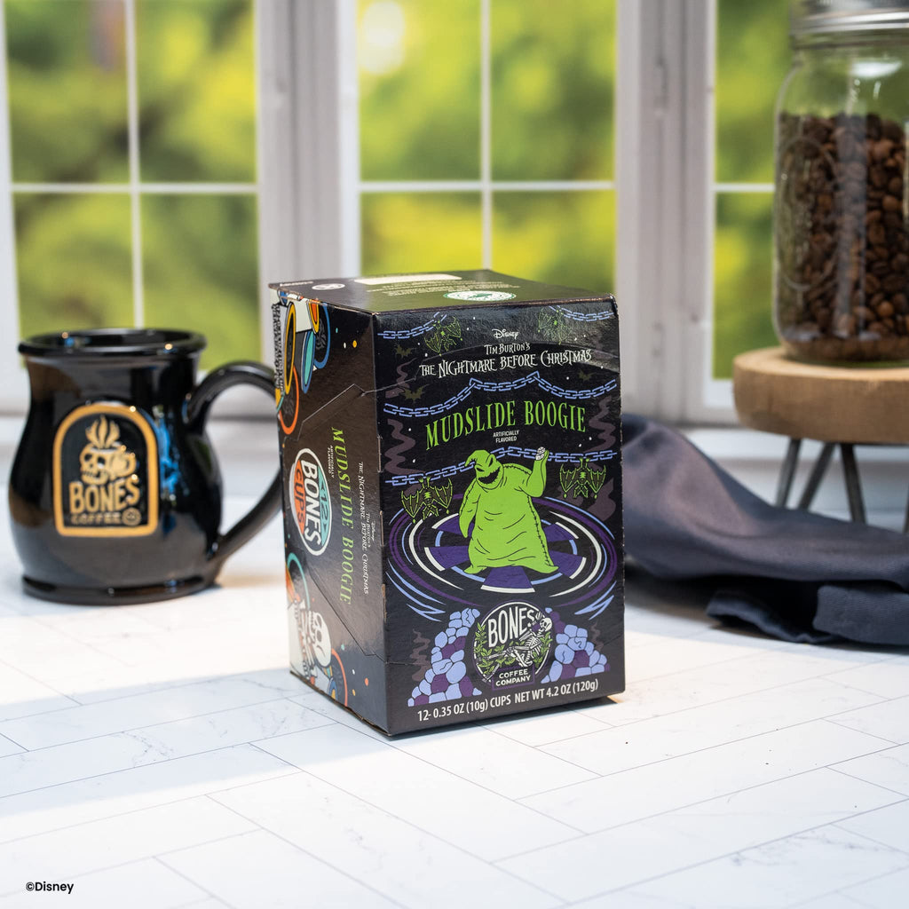 Bones Coffee Company Mudslide Boogie, Chocolate Mudslide Flavored Coffee Pods, Low Acid Medium Roast Single-Serve Bones Cups for K-Cups Coffee Maker from The Nightmare Before Christmas, 12 Count