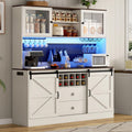74" Tall 63" Wide Large Coffee Bar Cabinet w/Outlet,6000-color LED Light,Pegboard,Farmhouse Hutch Cabinet w/Barn Door,2 Big Drawers,Adjustable Shelves,10 Wine & Glasses Rack,5 Hook for Kitchen