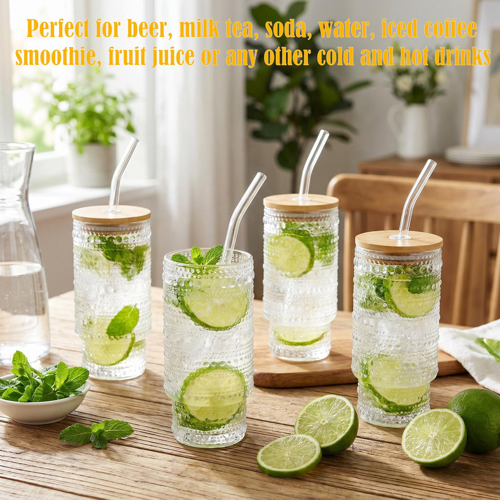 Icesip Glass Cups with Lids and Straws 16 oz Hobnail Drinking Glasses
