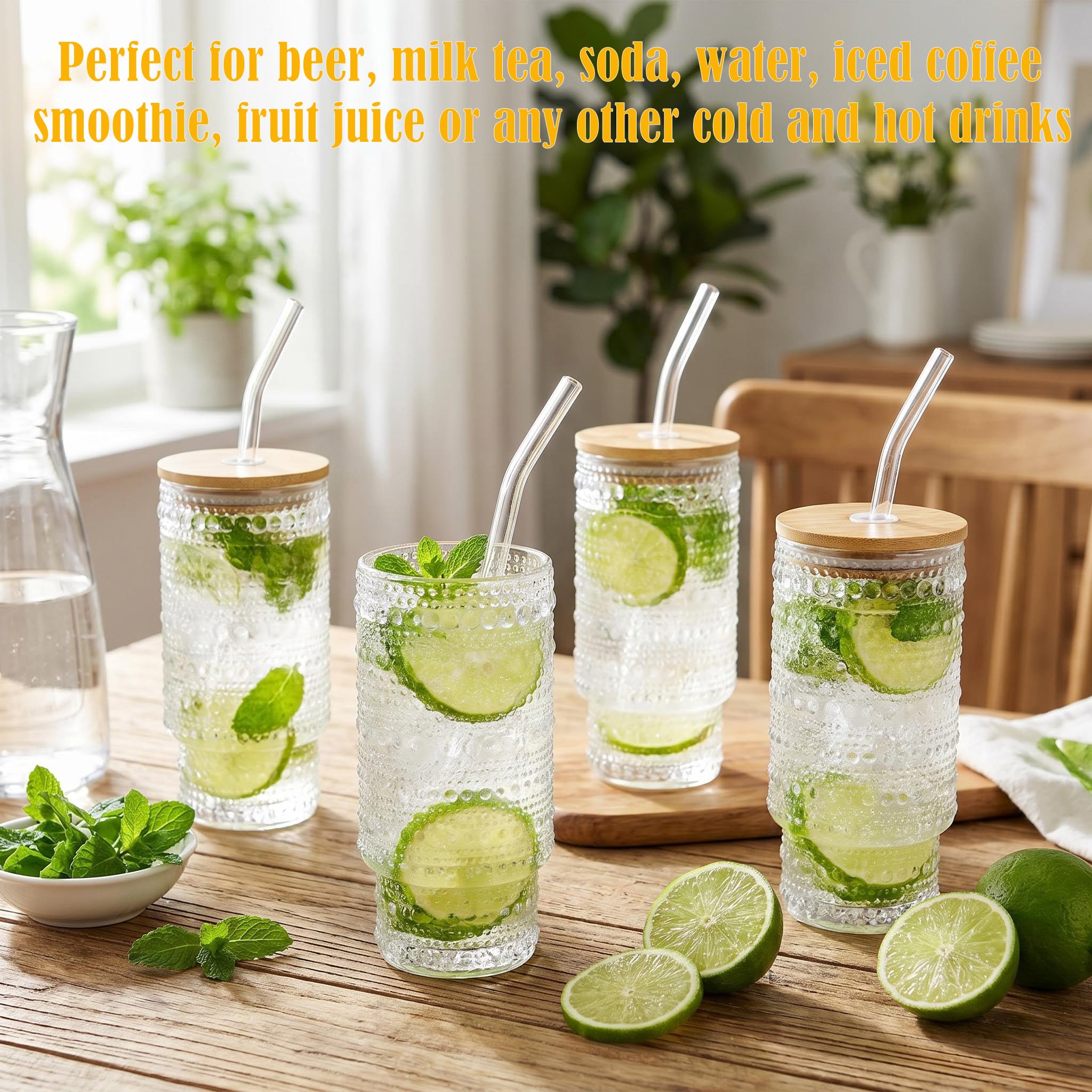 Icesip Glass Cups with Lids and Straws 16 oz Hobnail Drinking Glasses