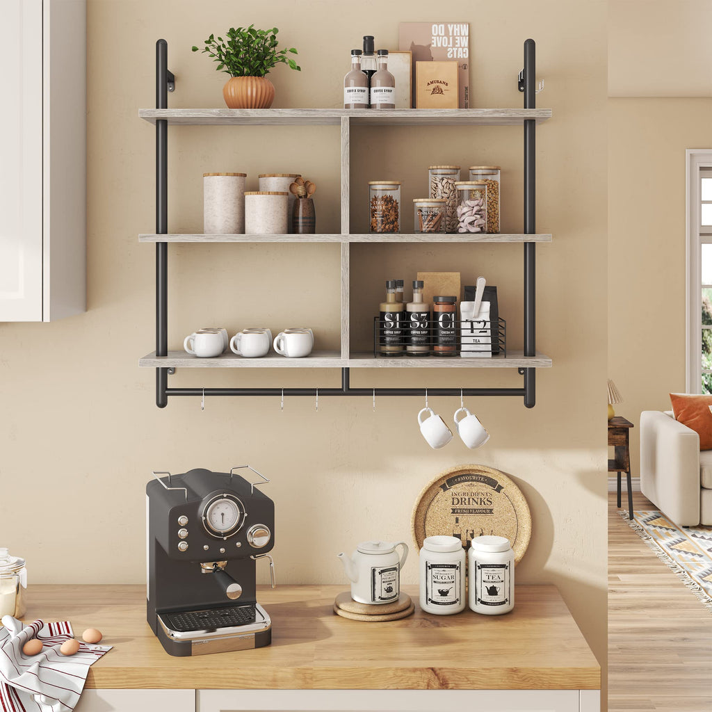 Bestier 41" Floating Kitchen Shelves Wall Mounted 3 Tier Coffee Bar Mug Shelf Hanging with 8 Hooks Display Plant Pipe Shelving for Living Room Kitchen Bathroom Balcony, Retro Grey