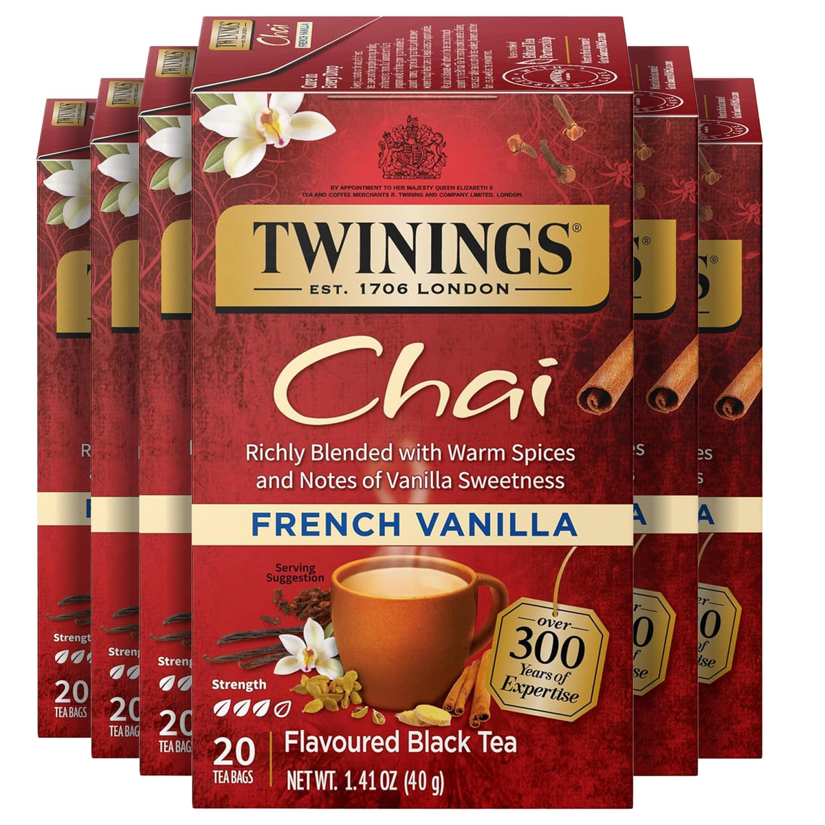 Twinings English Breakfast Black Tea Individually Wrapped Bags, 20 Count (Pack of 6), Flavourful, Robust, Caffeinated, Enjoy Hot or Iced, 120 Teabags