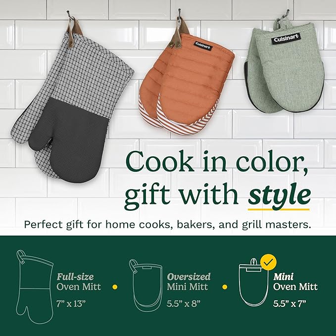 Cuisinart Mini Oven Mitts – 5.5” x 7” Heat-Resistant Kitchen Mitts for Oven with Non-Slip Neoprene Palm, Cotton Filling, and Fabric Loop – Durable Oven Mitt Set for Cooking & Baking (Light Blue)