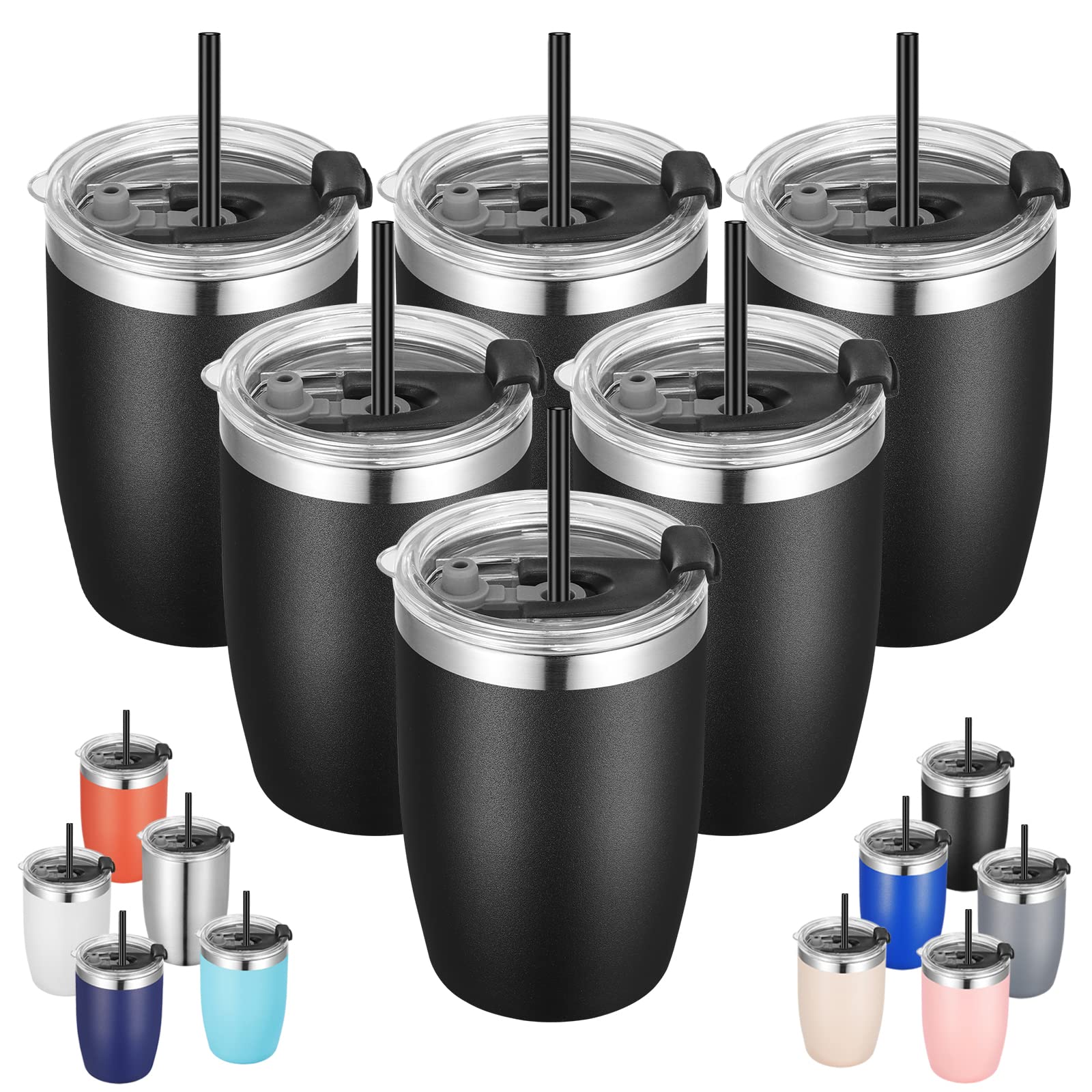 VEGOND Stainless Steel 12 oz Tumblers bulk Vacuum Insulated Double Wall Travel Tumbler with Lid and Straw Reusable Tumbler, Black 6 pack