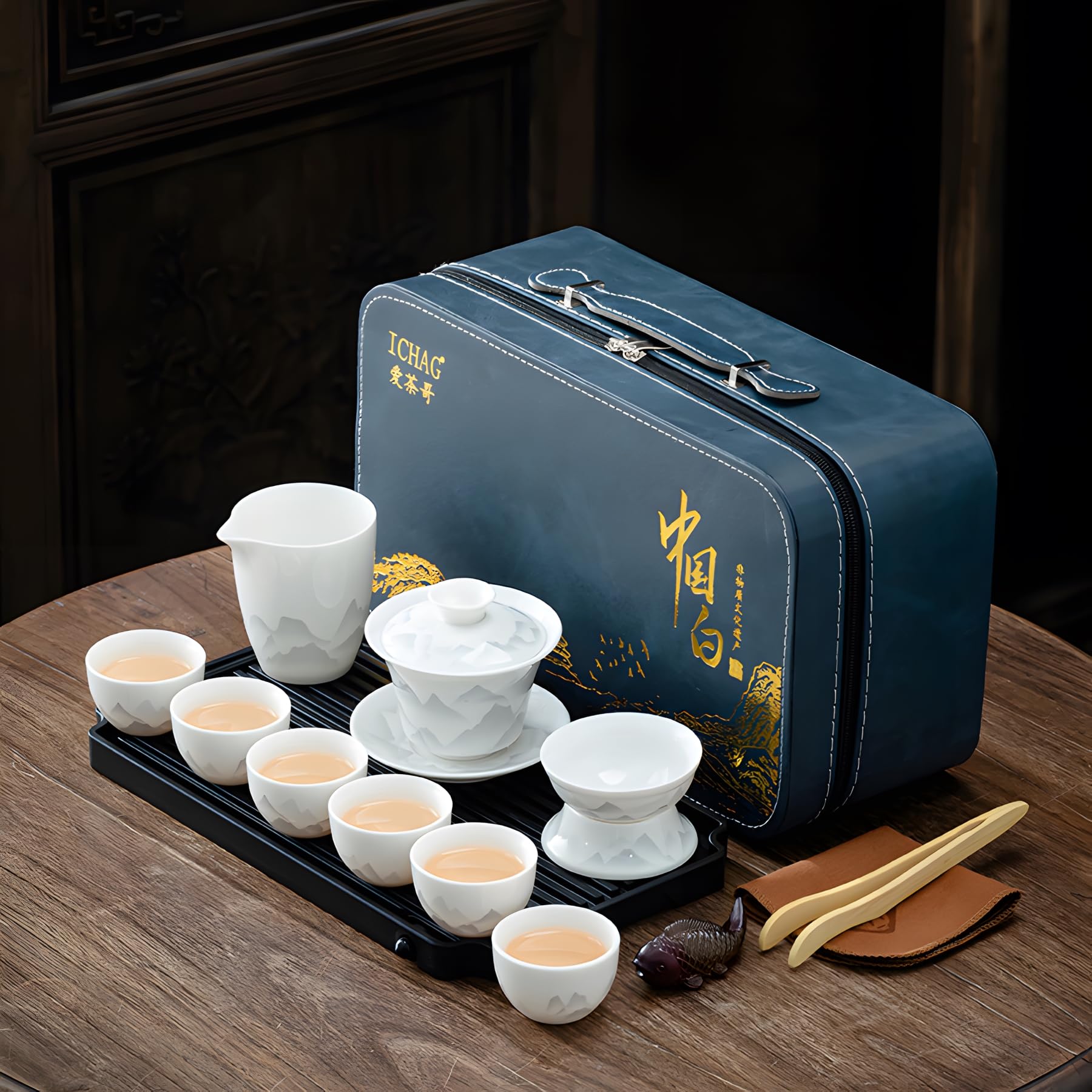 ICHAG 14-Piece Chinese Gongfu Tea Set, Yangzhi Jade Porcelain Gaiwan Tea Set with Anti-Mold Resin Tray & Color-Changing Tea Pet, Portable Travel Kit for Home, Office, Camping, Gift for Tea Lovers