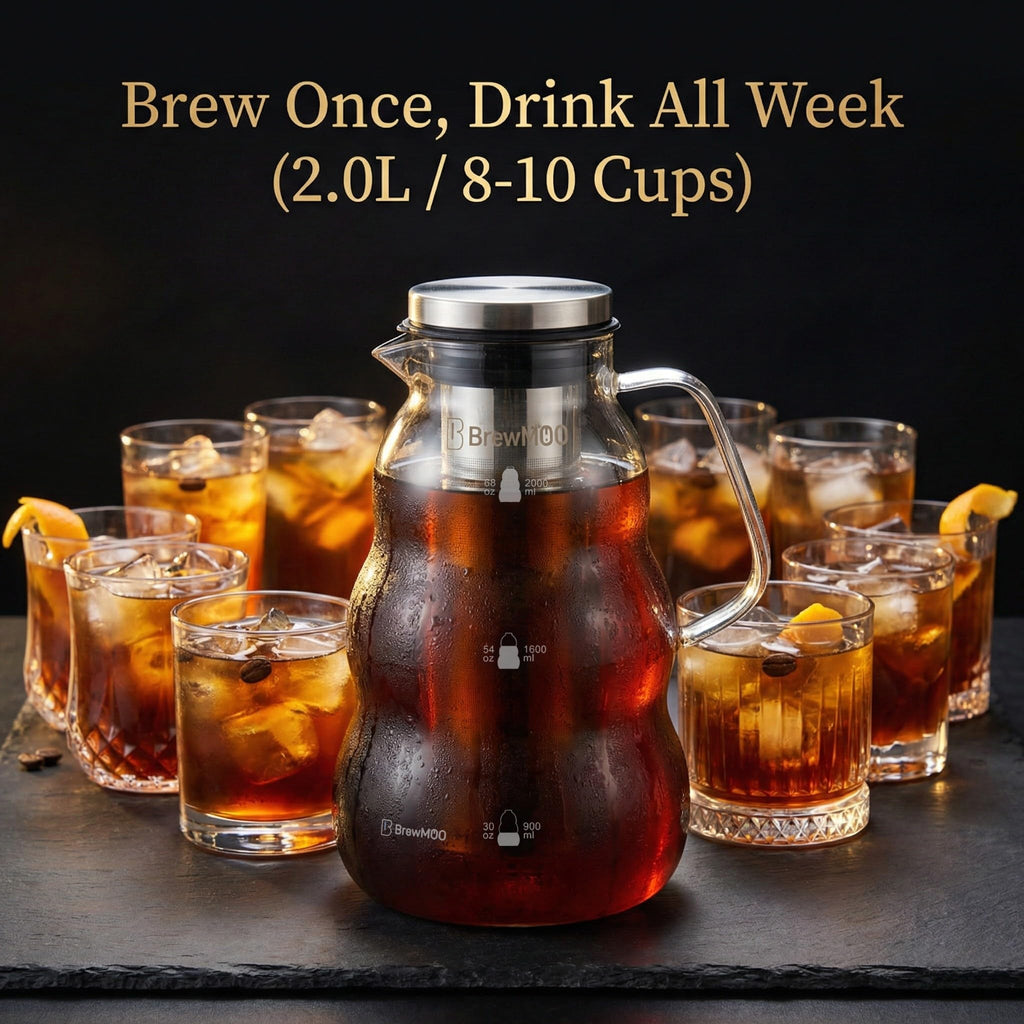 BrewMOO- Cold Brew Coffee Maker (2.0L/68Oz), Sleek Wave Borosilicate Glass Pitcher with Stainless Steel Filter, Airtight Lid + Wide Spout + Comfort Handle, Effortless Manual, Sophisticated Gift