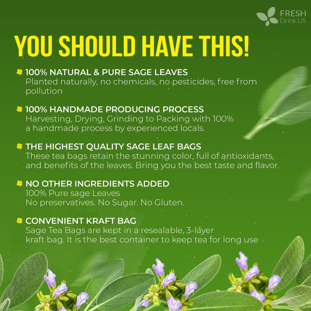 FreshDrinkUS, Premium 135 Sage Leaf Tea Bags, 100% Natural & Pure. Loose Leaf Herbal Tea. Made with Eco-Conscious Tea Bags. No Sugar, No Caffeine, No Gluten, Vegan.
