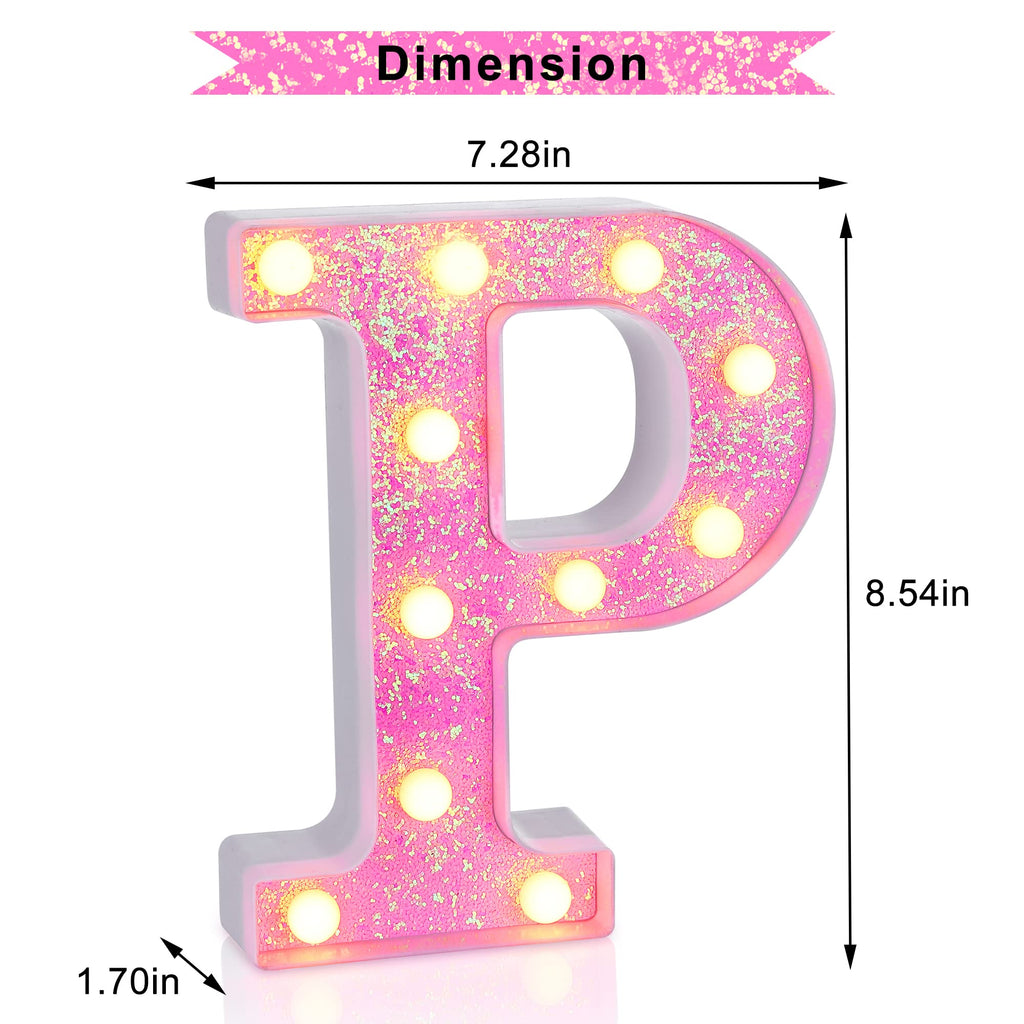 Foaky Pink Light up Letters，Pink Party Decorations,Girls Room Decor,Glitter Light Up Letters,Alphabet Letter Sign for Night Light Birthday Party Girls Gifts, Home Bar Decoration（P）