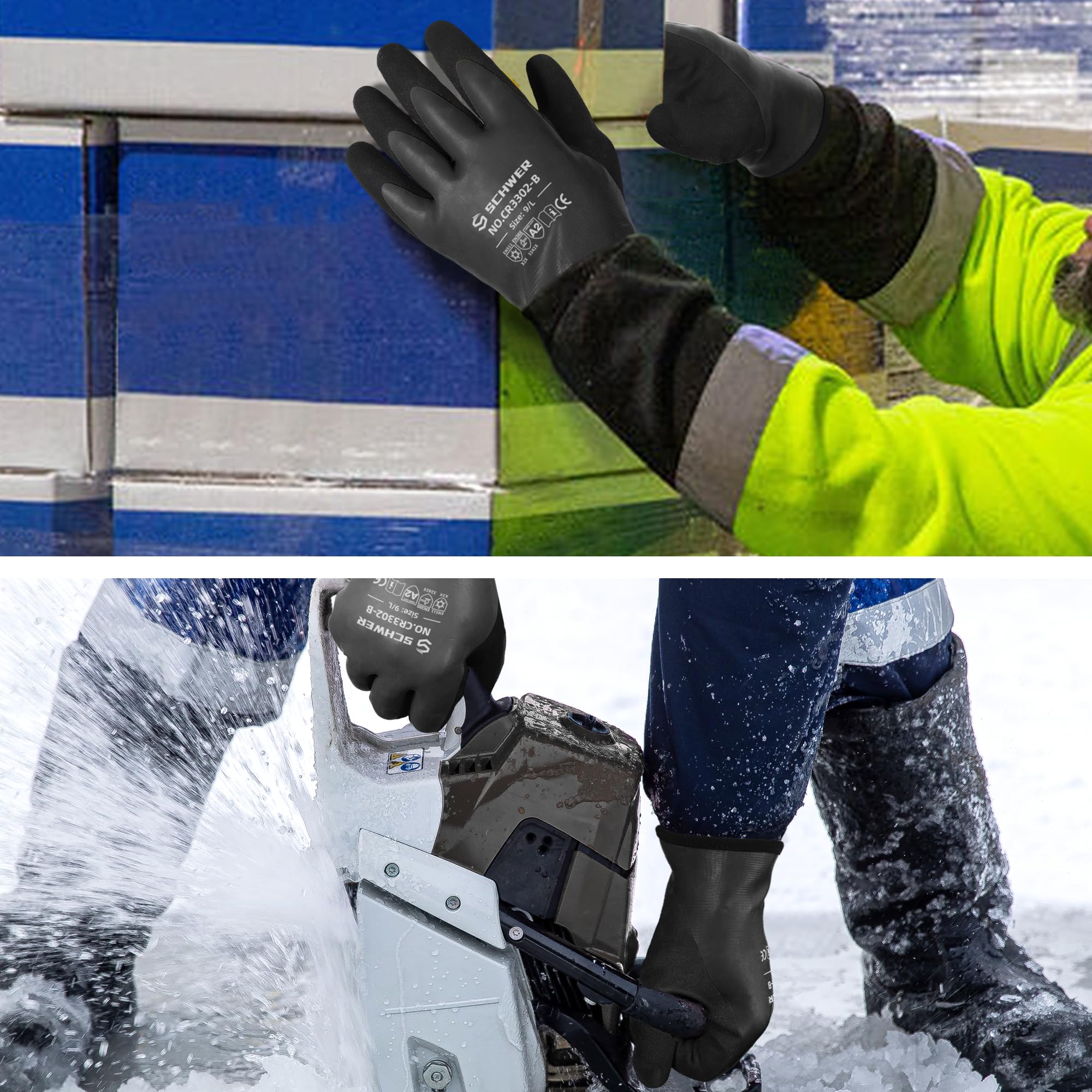 Schwer 2 Pairs Waterproof Winter Work Gloves Latex Coated, CR3302-B, XXL
