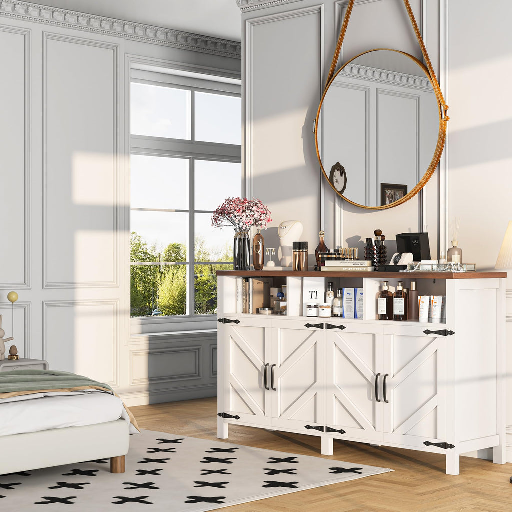knoworld Buffet Sideboard with Storage Farmhouse, Large Kitchen Storage Cabinet Wood Coffee Bar Cabine Buffet for Kitchen, Dining Room, Living Room, 55in, White
