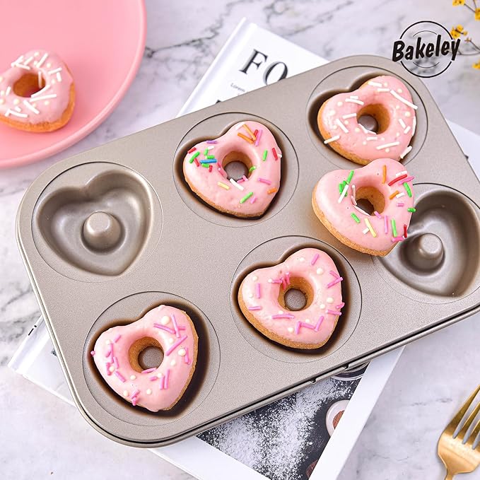 Heart Donut Pan, 6 Cavity Donut Mold Heavy Duty Steel Non-stick Heart Shaped Bund Pans Pattern Doughnut Bakeware for Oven Baking (Champagne Gold)