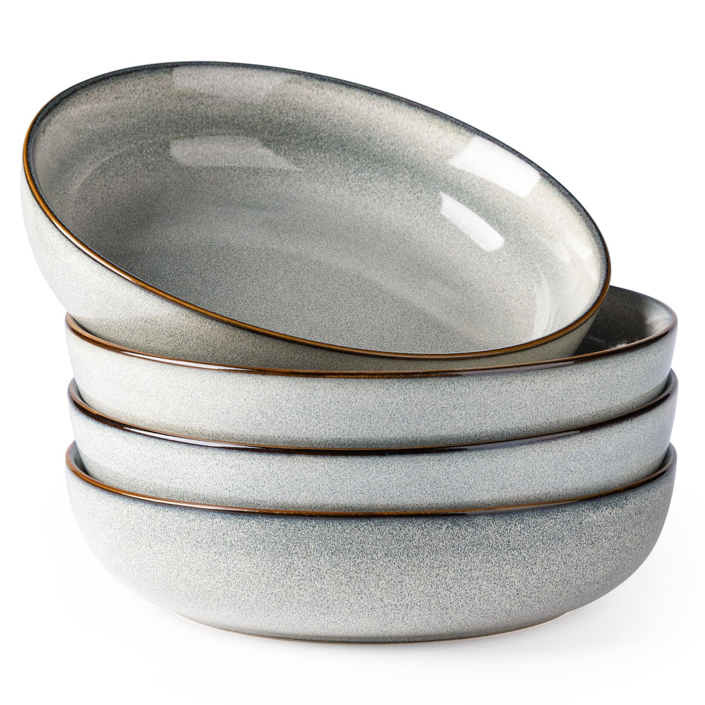 GBhome 8.75'' Large Ceramic Pasta Bowls, 38oz Stoneware Pasta Serving Bowls Set of 4 for Kitchen, Wide Bowls for Fruit,Pasta,Salad,Oatmeal,Meal, Microwave Safe, Reactive Glaze-Green Wheat