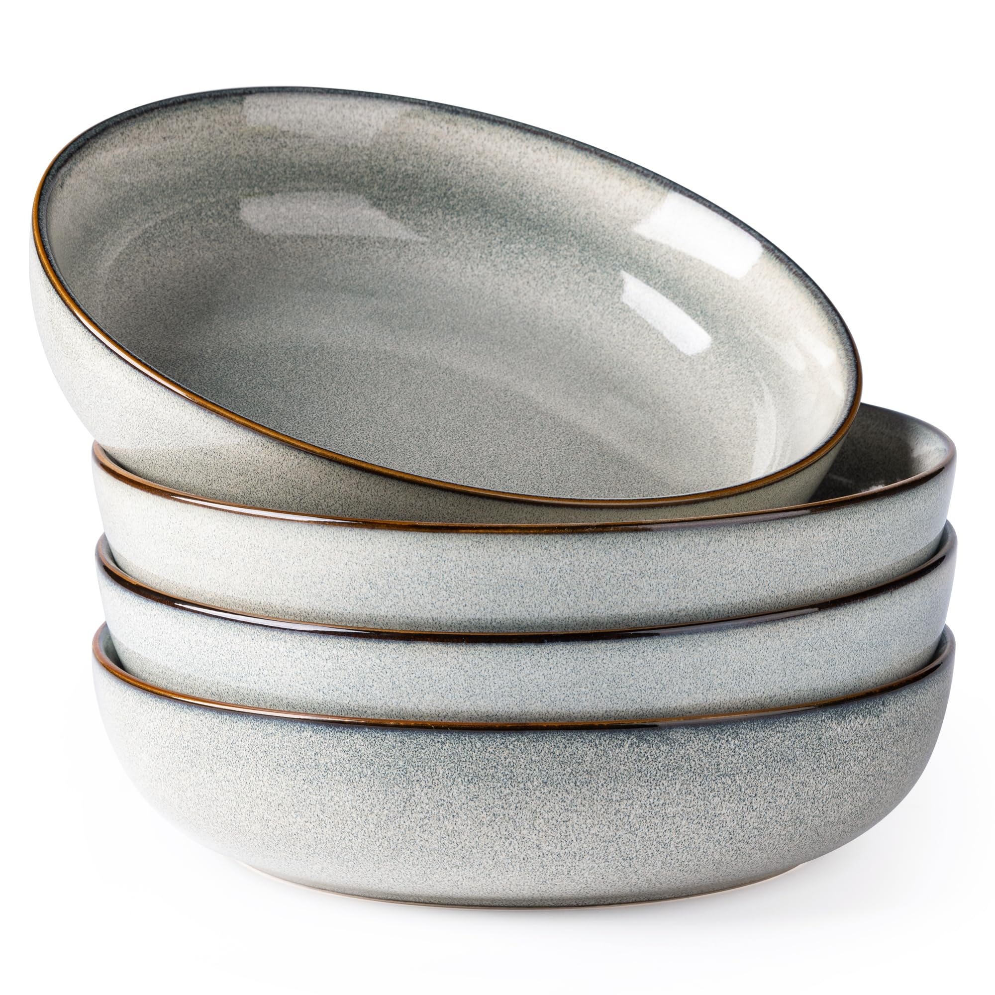 GBhome 8.75'' Large Ceramic Pasta Bowls, 38oz Stoneware Pasta Serving Bowls Set of 4 for Kitchen, Wide Bowls for Fruit,Pasta,Salad,Oatmeal,Meal, Microwave Safe, Reactive Glaze-Green Wheat
