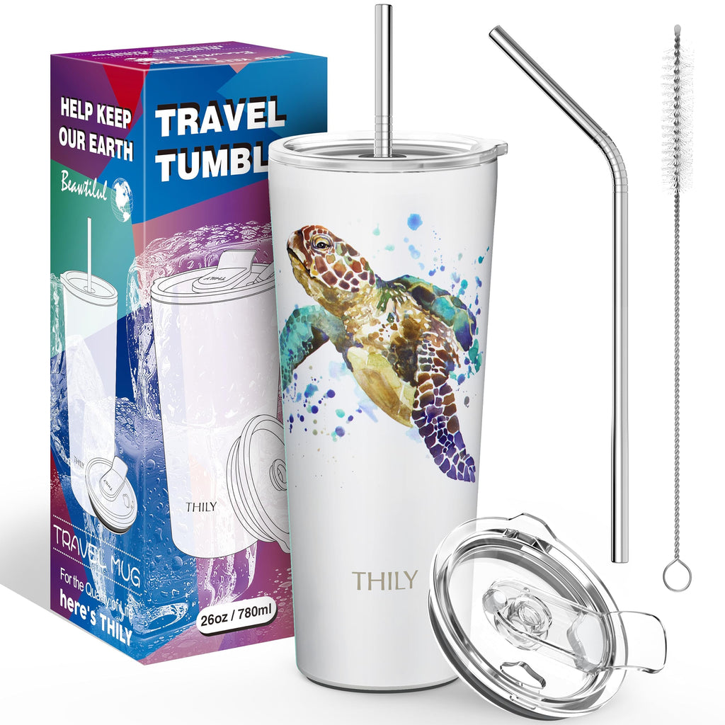 THILY Stainless Steel Vacuum Insulated Tumbler Travel Mug 26 oz Coffee Cup with 2 Lids and Straws, Splash Proof, Keep Ice Drinks Cold, Sea Turtle