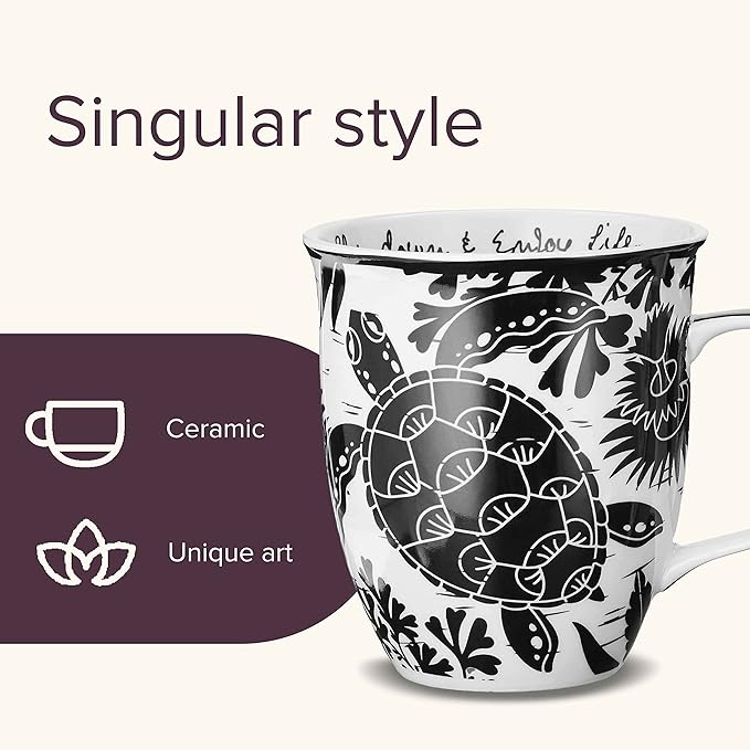 Karma Gifts 16 oz Black and White Boho Mug Sea Turtle - Cute Coffee and Tea Mug - Ceramic Coffee Mugs for Women and Men, 1 Count (Pack of 1)
