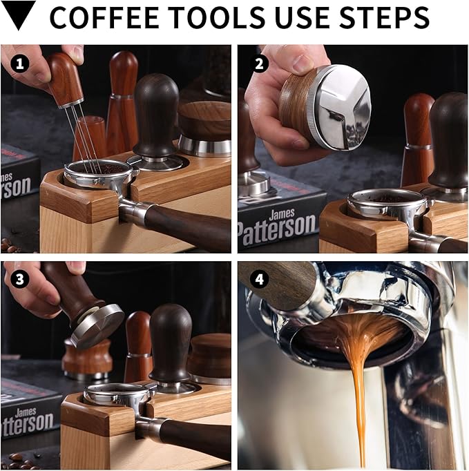 51mm Coffee Distributor, Espresso Distribution Tool, Adjustable Depth Espresso Tamper Leveler with Walnut Wood Handle Fits for 51mm Delonghi Barista Portafilter