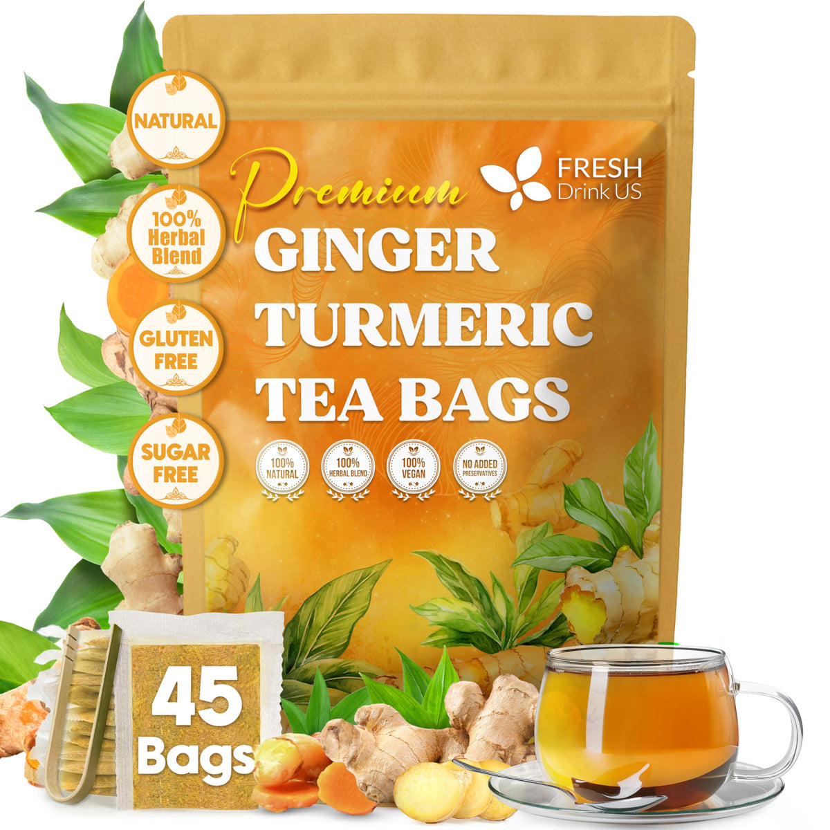 FreshDrinkUS, Premium Ginger Turmeric Tea, 45 Count, Caffeine Free, Vegan