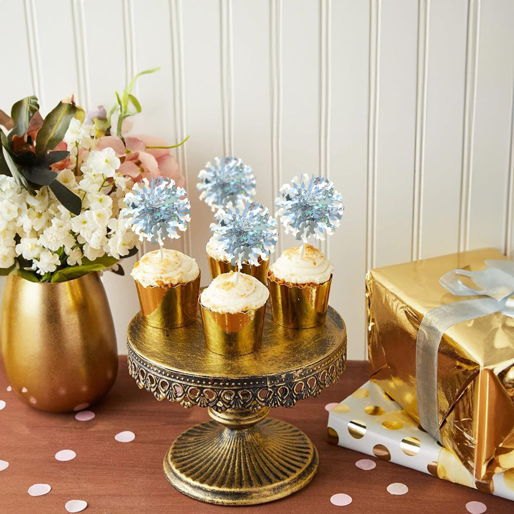 Ephlyn 30Pcs Foil Firework Cupcake Toppers Happy Birthday Cake Toppers Tinsel Flower Drink Stirrers Cocktail Food Fruit Toothpicks for Valentine's Day Party Decorations Silver
