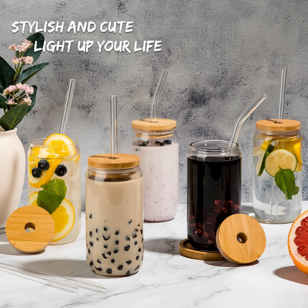 16 Oz Drinking Glasses - 6 Pcs Glass Cups with Bamboo Lids and Straws