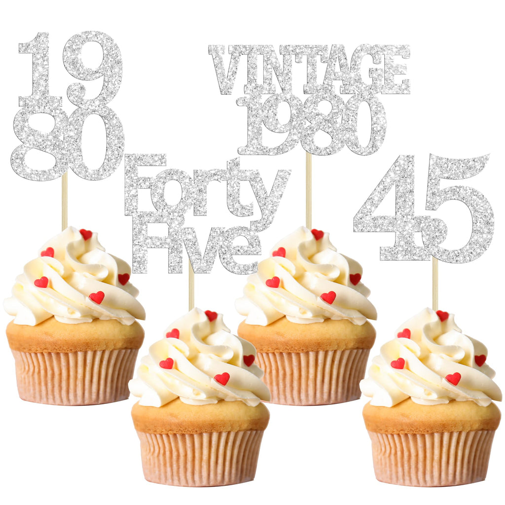 Gyufise 24Pcs 45th Birthday Cupcake Toppers Glitter Cheers to 45 Fabulous Forty Five Vintage 1980 Cupcake Picks 45th Birthday Wedding Anniversary Party Cake Decorations Supplies Silver