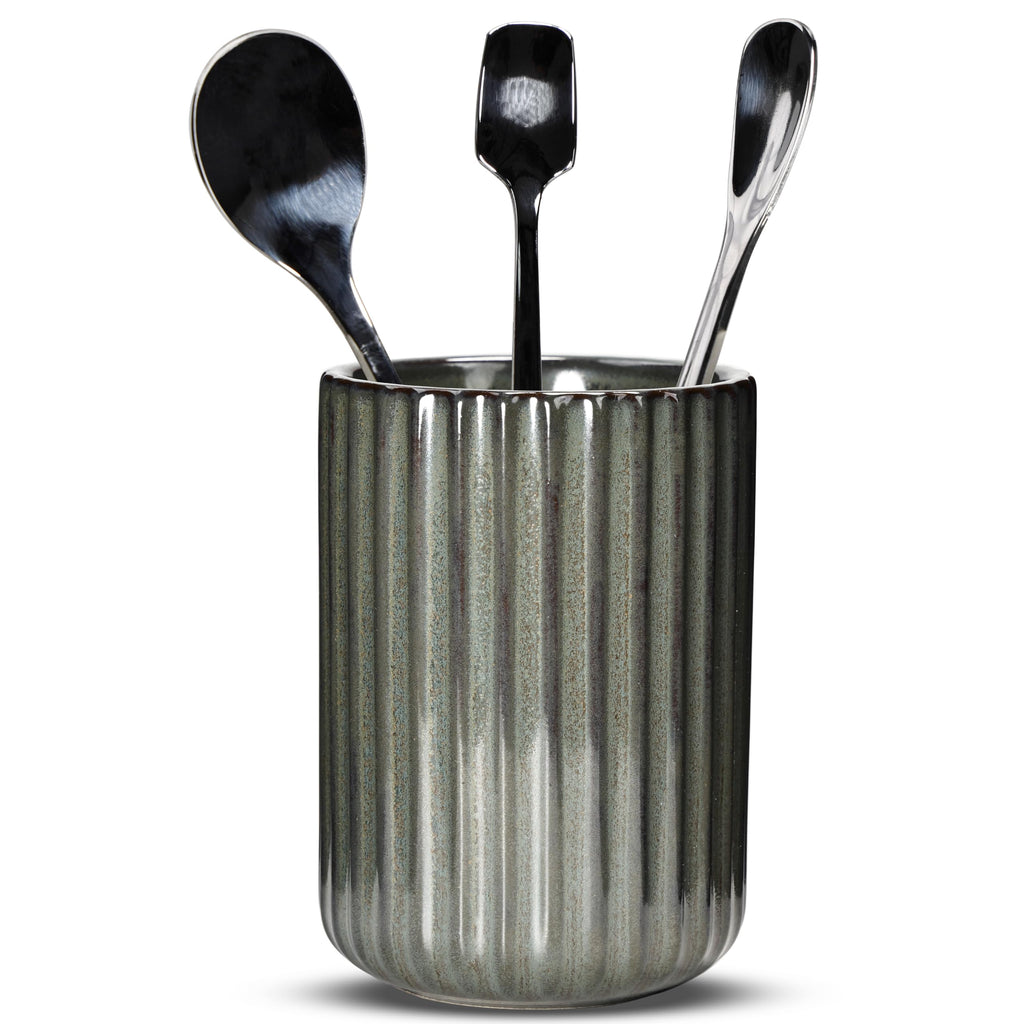 U-TIMES Ceramic Spoon Holder for Coffee Bar, Upright Tea Spoon Holder Cup, Coffee Stirrers Straws Stir Stick Holder, Cement Grey Fluted Surface