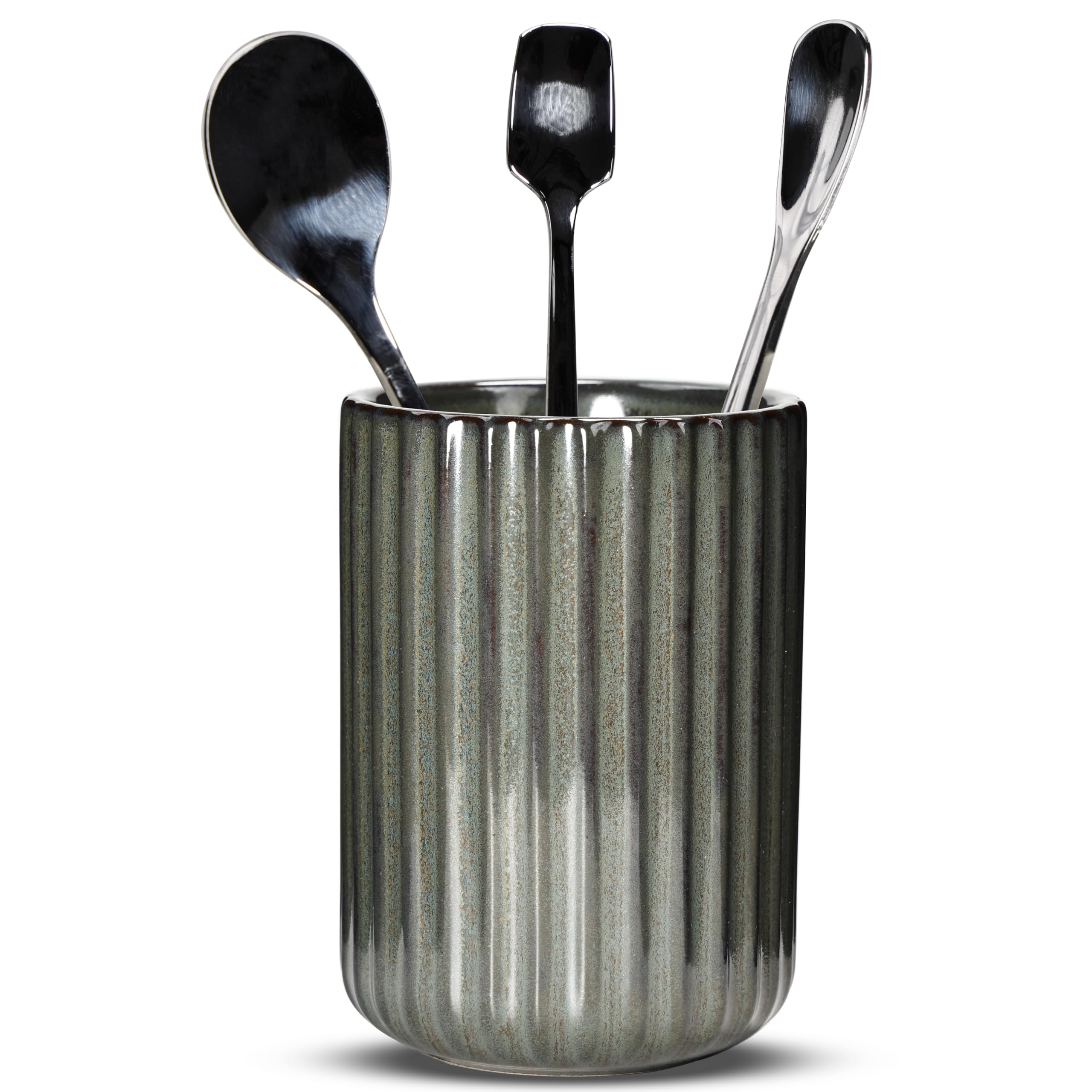 U-TIMES Ceramic Spoon Holder for Coffee Bar, Upright Tea Spoon Holder Cup, Coffee Stirrers Straws Stir Stick Holder, Cement Grey Fluted Surface