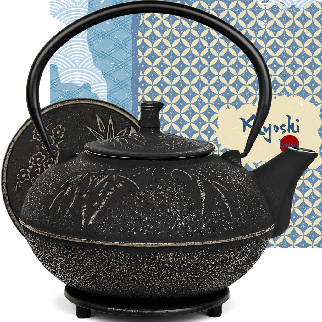 85 Oz XXL Black Bamboo Cast Iron Teapot, Enamel Interior, Infuser & Trivet