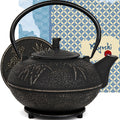 85 Oz XXL Black Bamboo Cast Iron Teapot, Enamel Interior, Infuser & Trivet