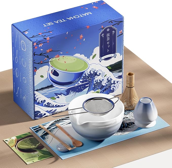Matcha Whisk Set - 8 Pcs Tea Set with Bamboo Whisk and Holder, Ceramic Bowl, Bamboo Scoop and Spoon,Scoop Rest, Sifter & Tea Towel, Japanese Home Matcha Kit for Authentic Ceremony (Blue)