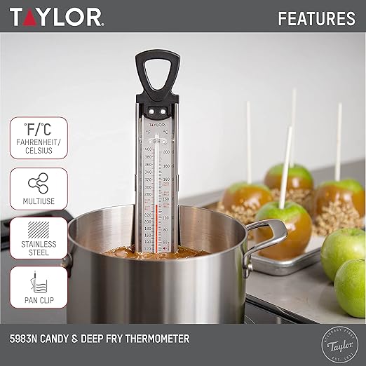Taylor Programmable Digital Candy and Deep Fry Thermometer with Green Light Alert Display & Stainless Steel Candy Deep Fry Food Cooking Kitchen Analog Thermometer, 12 Inches