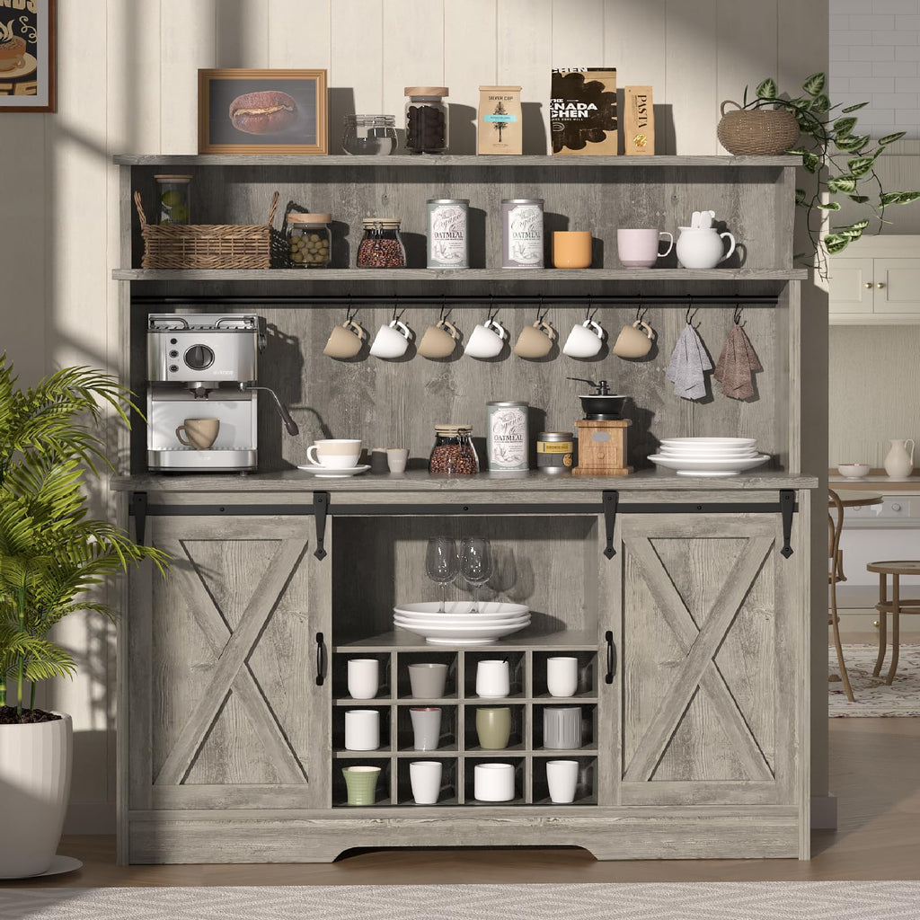 BestHaped 55'' Farmhouse Coffee Bar Cabinet with 3 Tier Storage Hutch, Coffee Bar Station with Sliding Barn Door, Hutch Storage Cabinet with 12 Wine Racks & 9 Hooks for Kitchen Dining Living Room