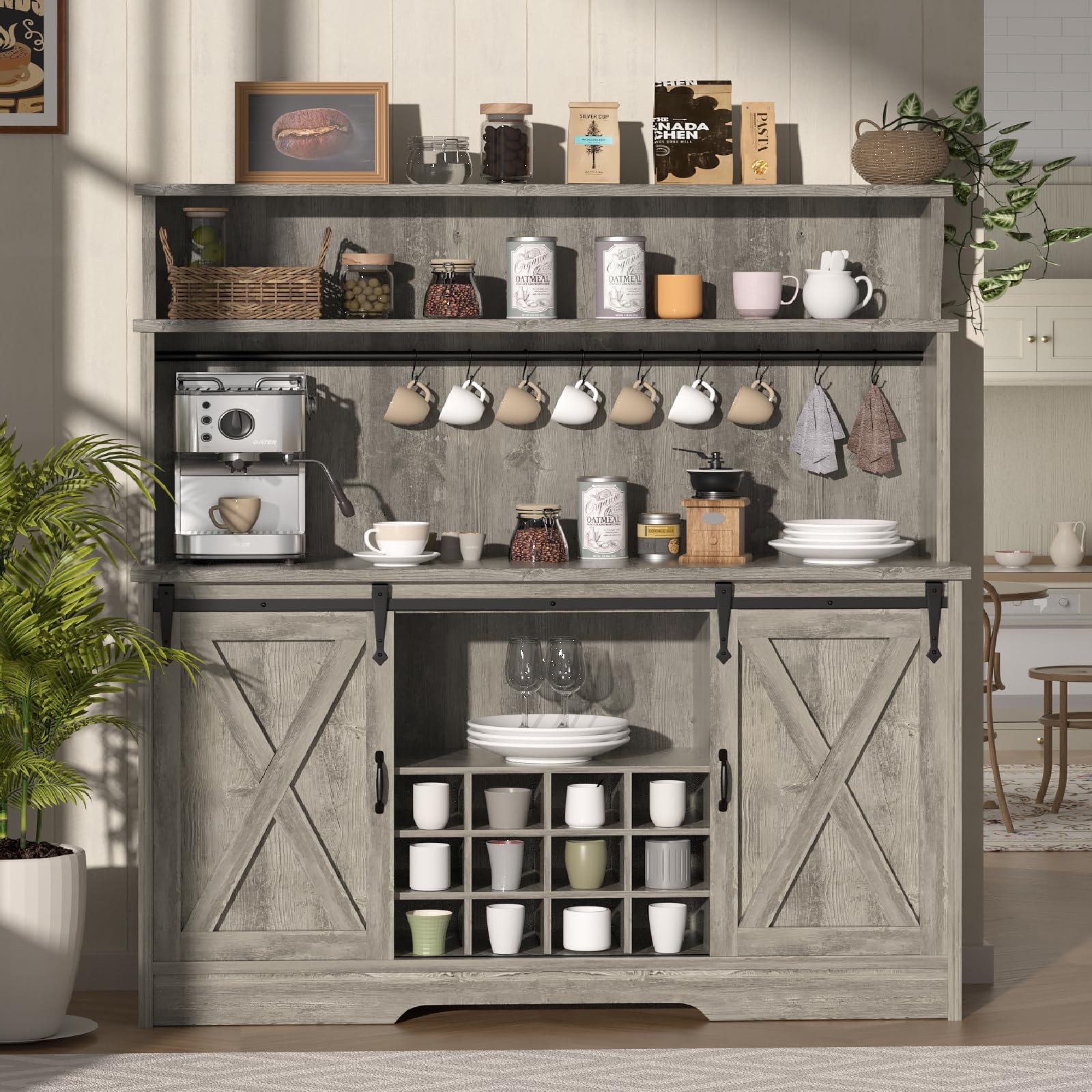 BestHaped 55'' Farmhouse Coffee Bar Cabinet with 3 Tier Storage Hutch, Coffee Bar Station with Sliding Barn Door, Hutch Storage Cabinet with 12 Wine Racks & 9 Hooks for Kitchen Dining Living Room