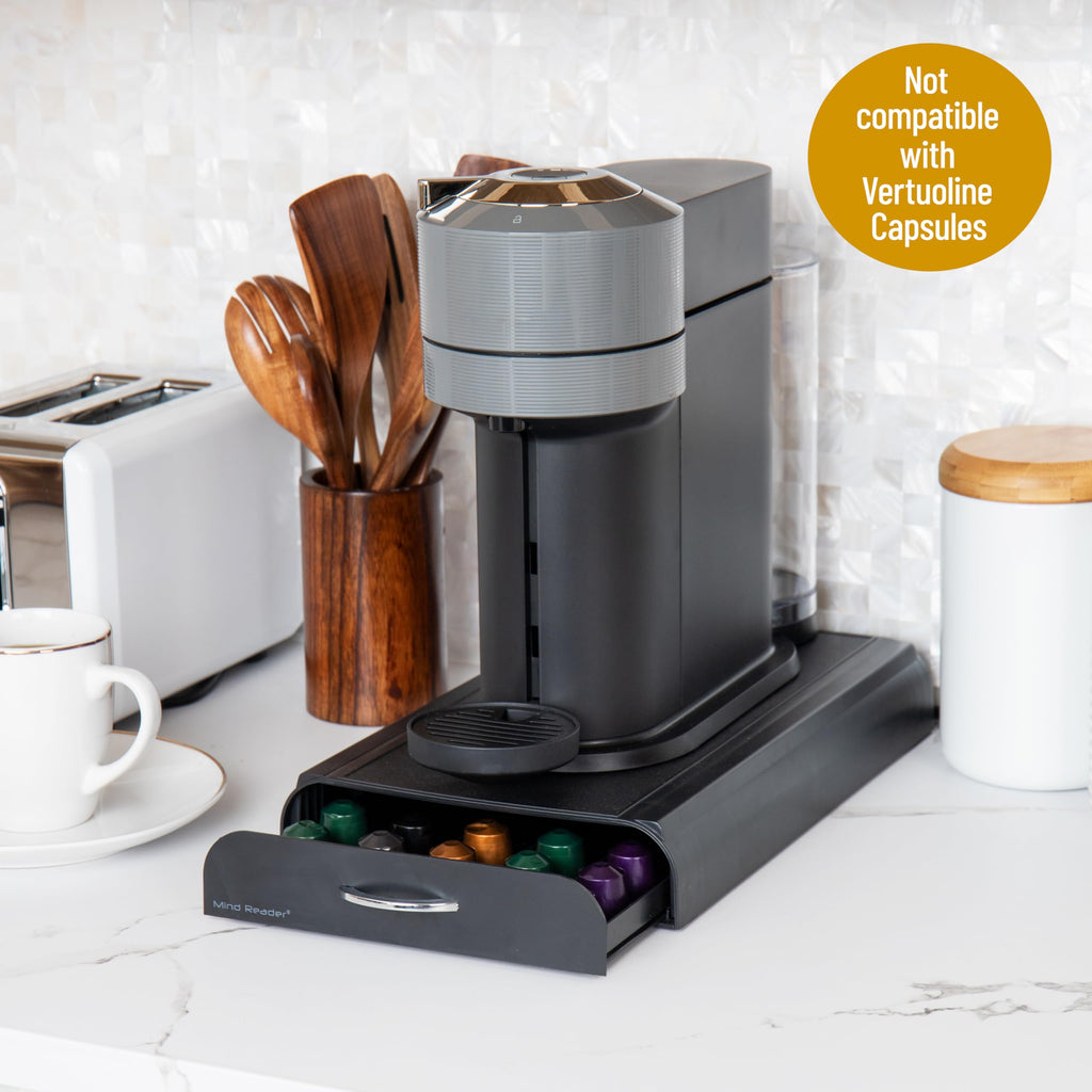 Mind Reader Single Serve Coffee Capsules Drawer, Holds 50 Small Capsules, Coffee Pod Drawer Organizer, Countertop Storage Base, Black