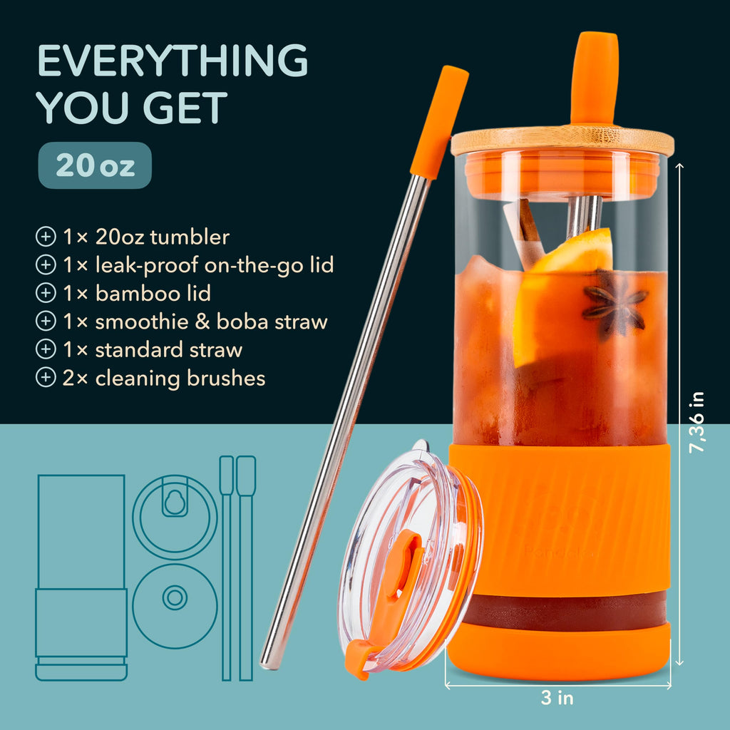 Pandaloo® Glass Cups With Lids and Straws -20 Fl Oz- Perfect Size Iced Coffee Cup - Smoothie Cup With Bamboo Lid and On the go Lid - Glass Tumbler With Straw (1 Count (Pack of 1), Autumn Gold)
