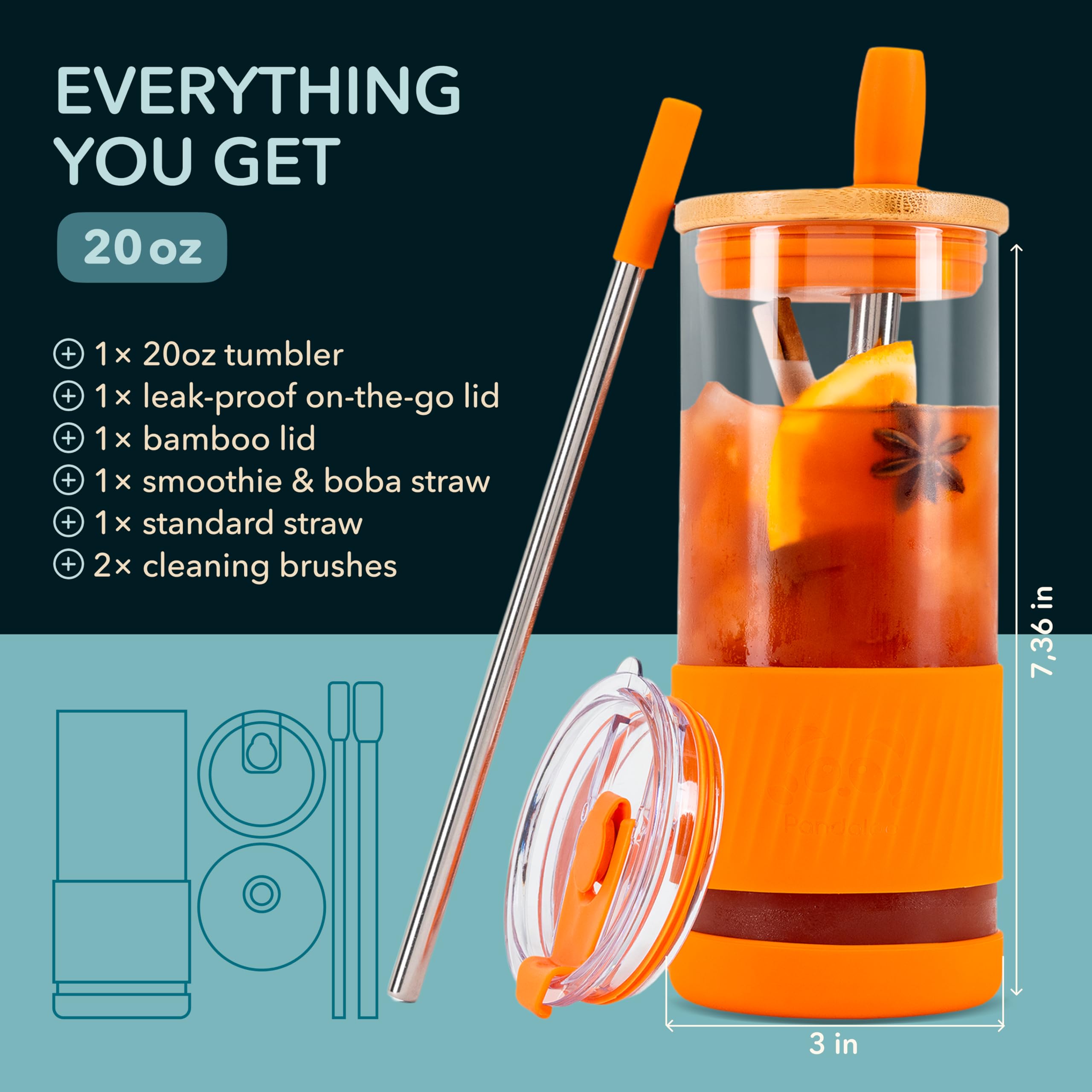 Pandaloo® Glass Cups With Lids and Straws -20 Fl Oz- Perfect Size Iced Coffee Cup - Smoothie Cup With Bamboo Lid and On the go Lid - Glass Tumbler With Straw (1 Count (Pack of 1), Autumn Gold)