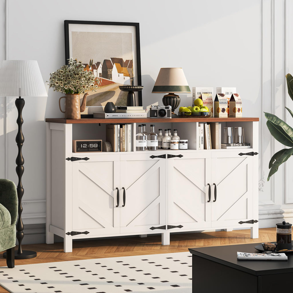 knoworld Buffet Sideboard with Storage Farmhouse, Large Kitchen Storage Cabinet Wood Coffee Bar Cabine Buffet for Kitchen, Dining Room, Living Room, 55in, White