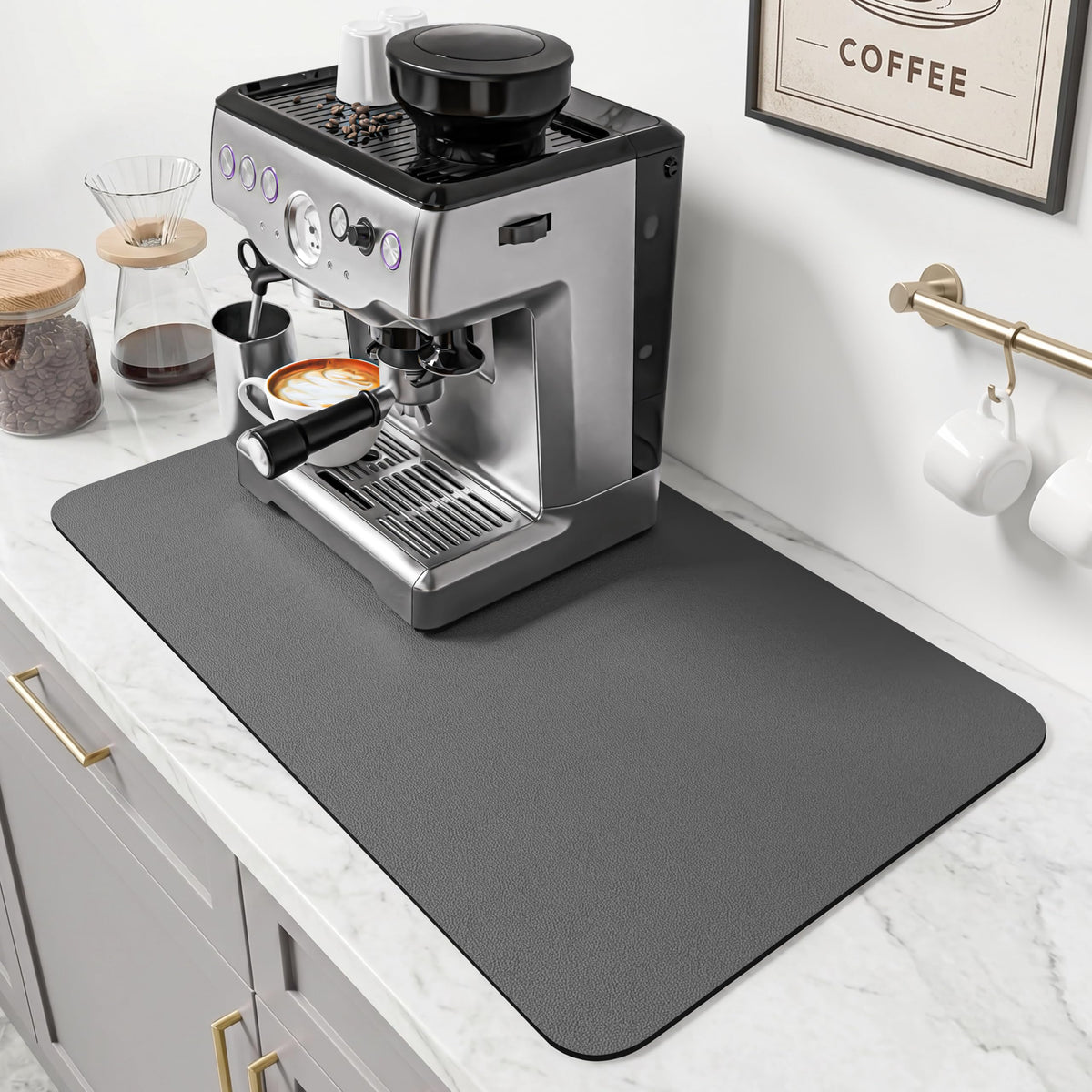 PoYang 24x16 Inch Coffee Mat, Large Dish Drying Mat, Gray