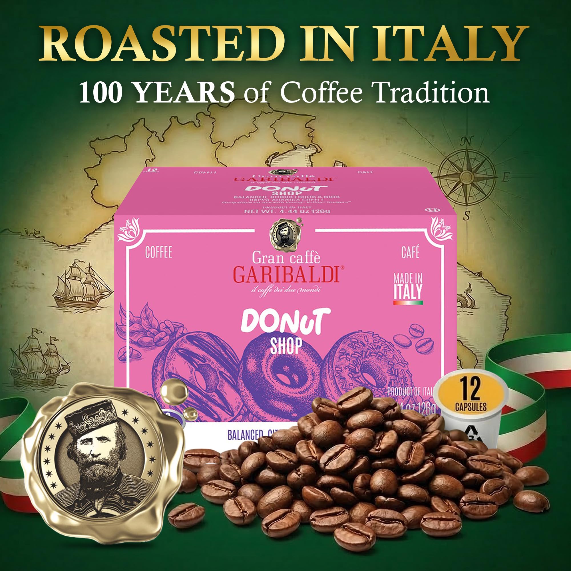 Caffè Garibaldi Donut Shop Coffee Pods, Light Roast, 72 Count Arabica Blend