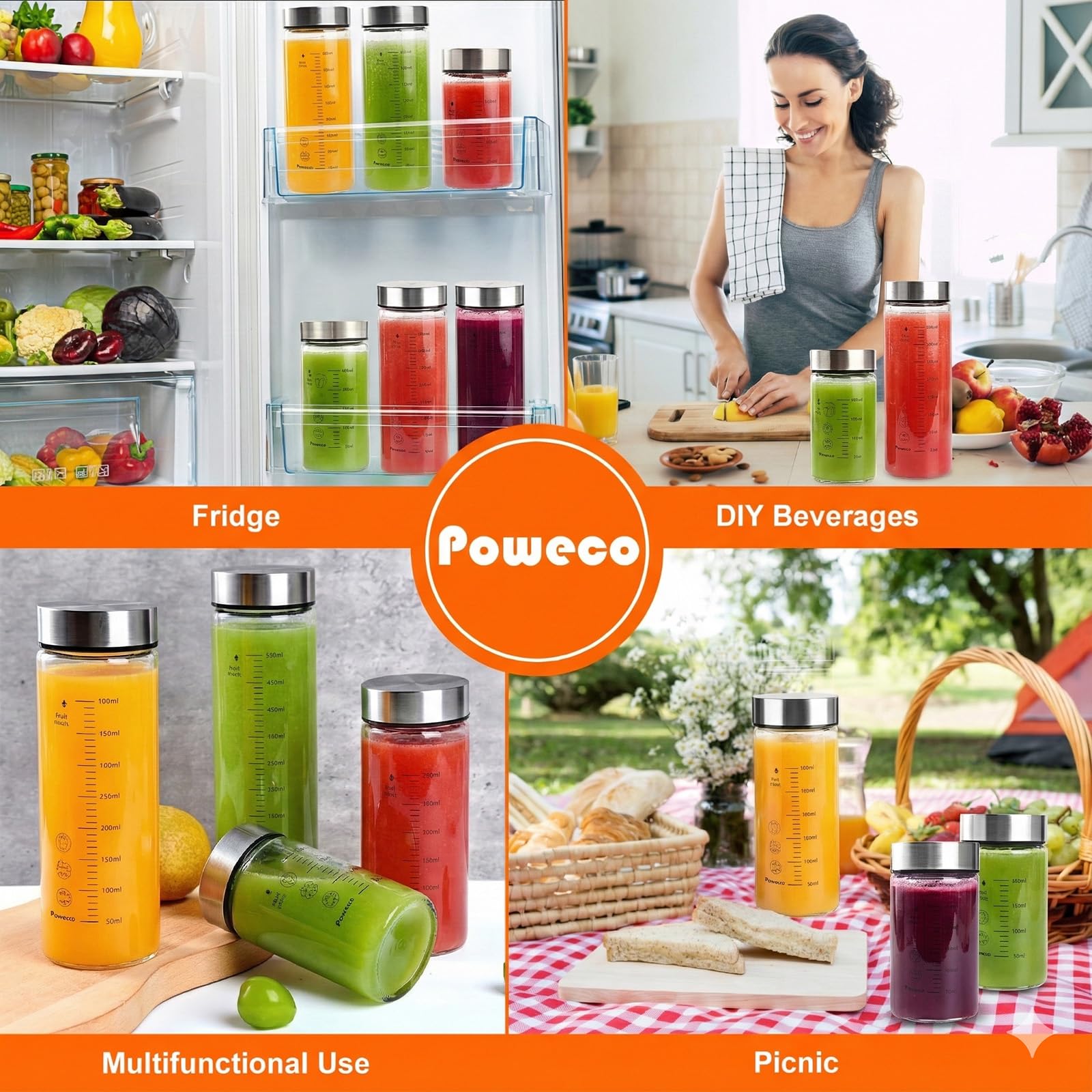 poweco Glass Juice Bottles 4 Pack 16 oz - Wide Mouth Glass Water Bottles with Lids - for Juicing, Protein, Smoothie, Milk, Reusable, BPA Free, Stainless Steel Lids, Blender, Shaker Bottle (500ml)