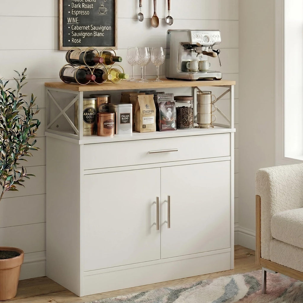 Vongrasig Coffee Bar Cabinet, Farmhouse Kitchen Storage Cabinet with Adjustable Shelf, 31“ Modern Sideboard Buffet Table for Kitchen, Dining Room, White