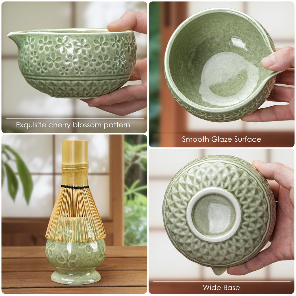 7Pcs Matcha Whisk Set, Matcha Set Whisk and Bowl,Bamboo Scoop, Scoop Rest, Sifter and Tea Towel, Matcha Kit W/Carved Cherry Blossm Pattern for Matcha Lovers (Sakura Green)
