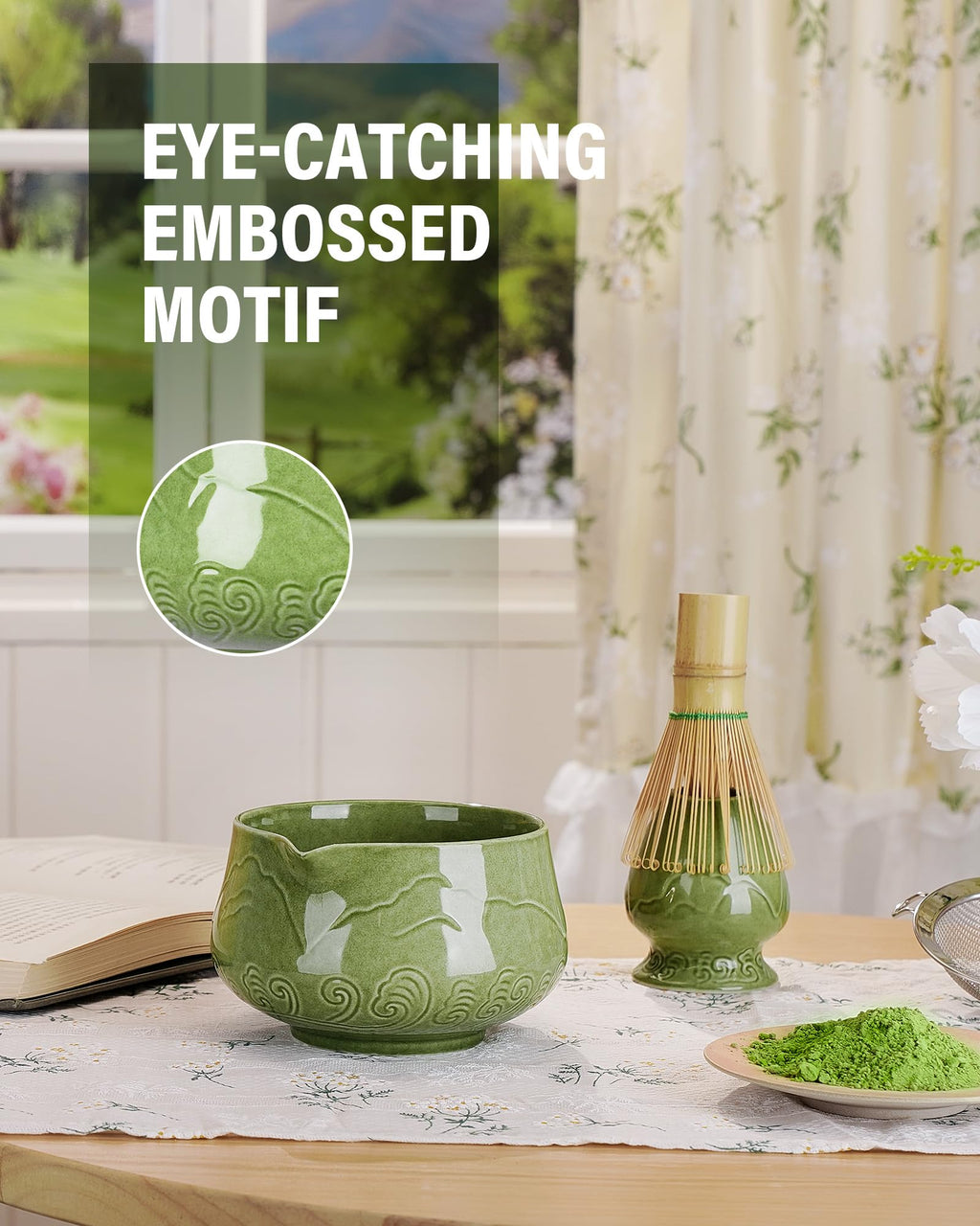 ZENS Premium Matcha Whisk Set with Blooming Cup, 7pcs Matcha Set, Green